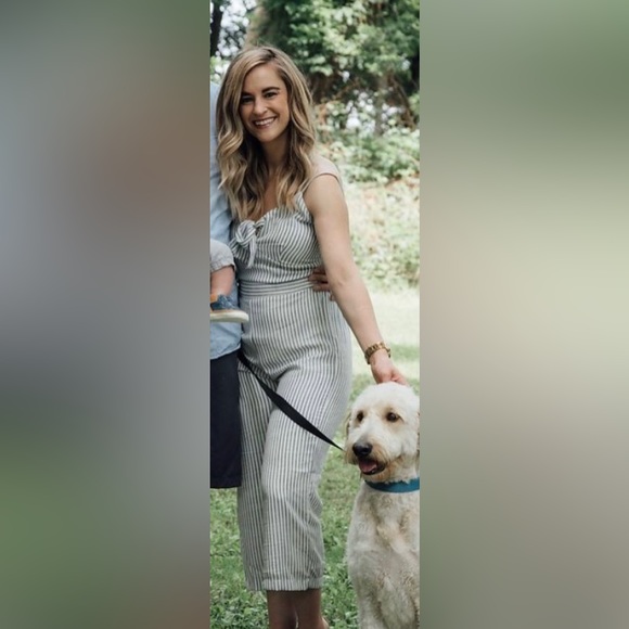 Size Small: Cream & blue striped jumpsuit with front tie. Mid-calf length. - Picture 3 of 3